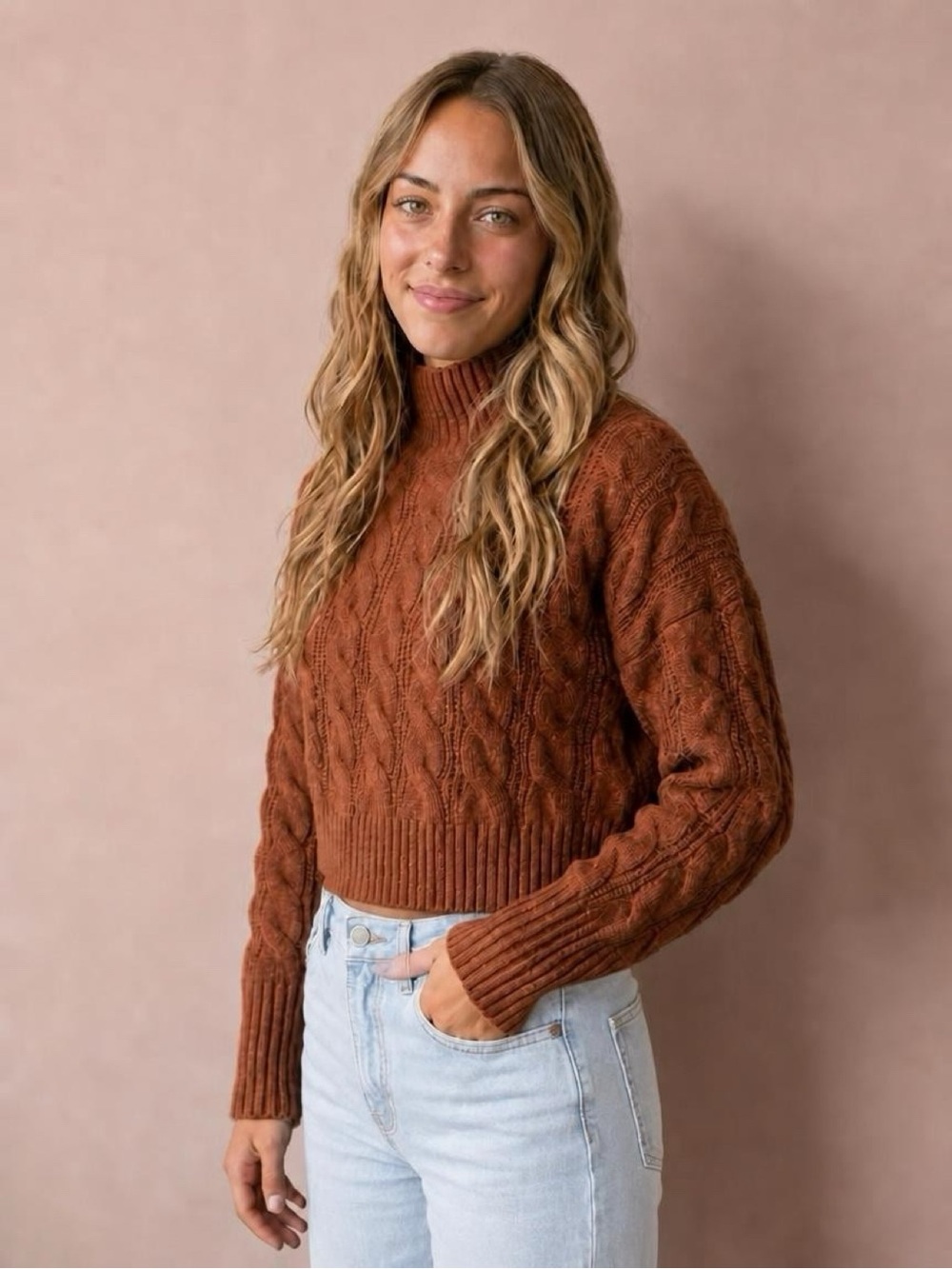 Express Cropped Cable-Knit Mock Neck Sweater - Brown